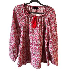 Lane Bryant Pink Floral Tie Neck Top Size 14 Long Sleeves Flowy NEW